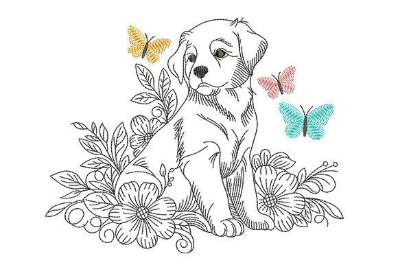 Puppy with Butterflies and Floral Embroidery Design